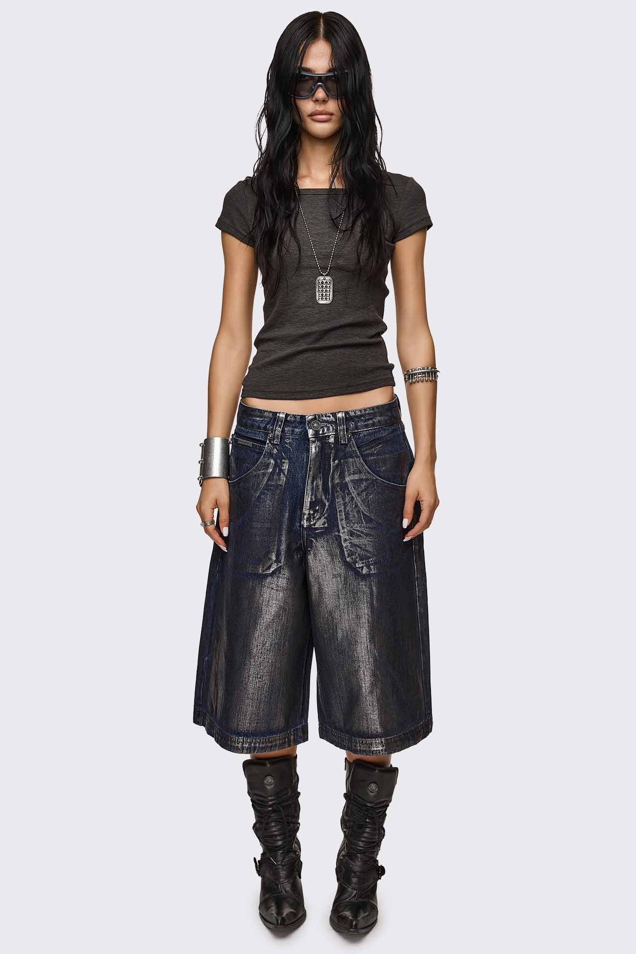 Metallic Coated Blue Denim Jorts - Image 2
