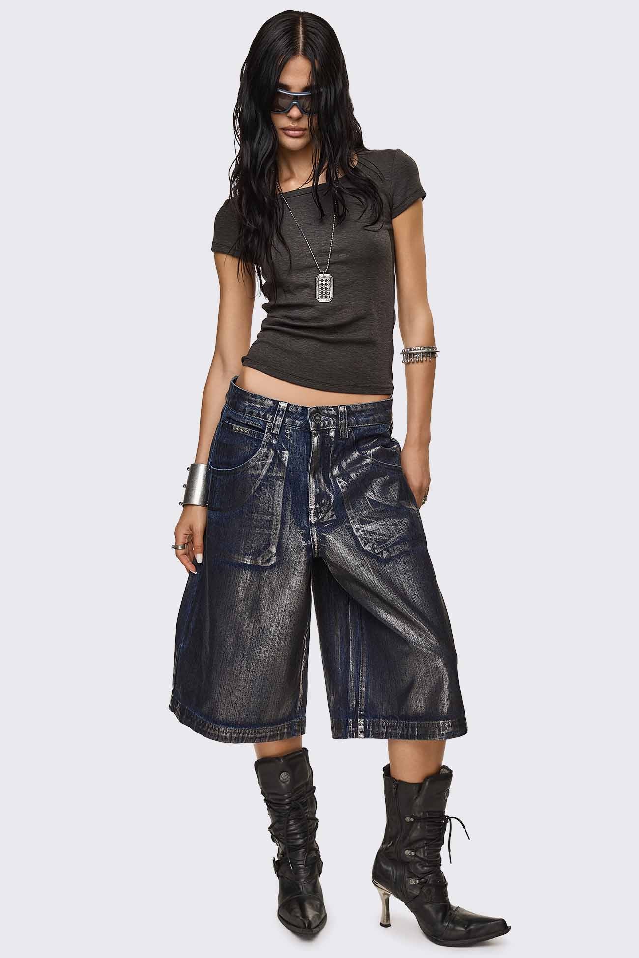 Metallic Coated Blue Denim Jorts - Image 6