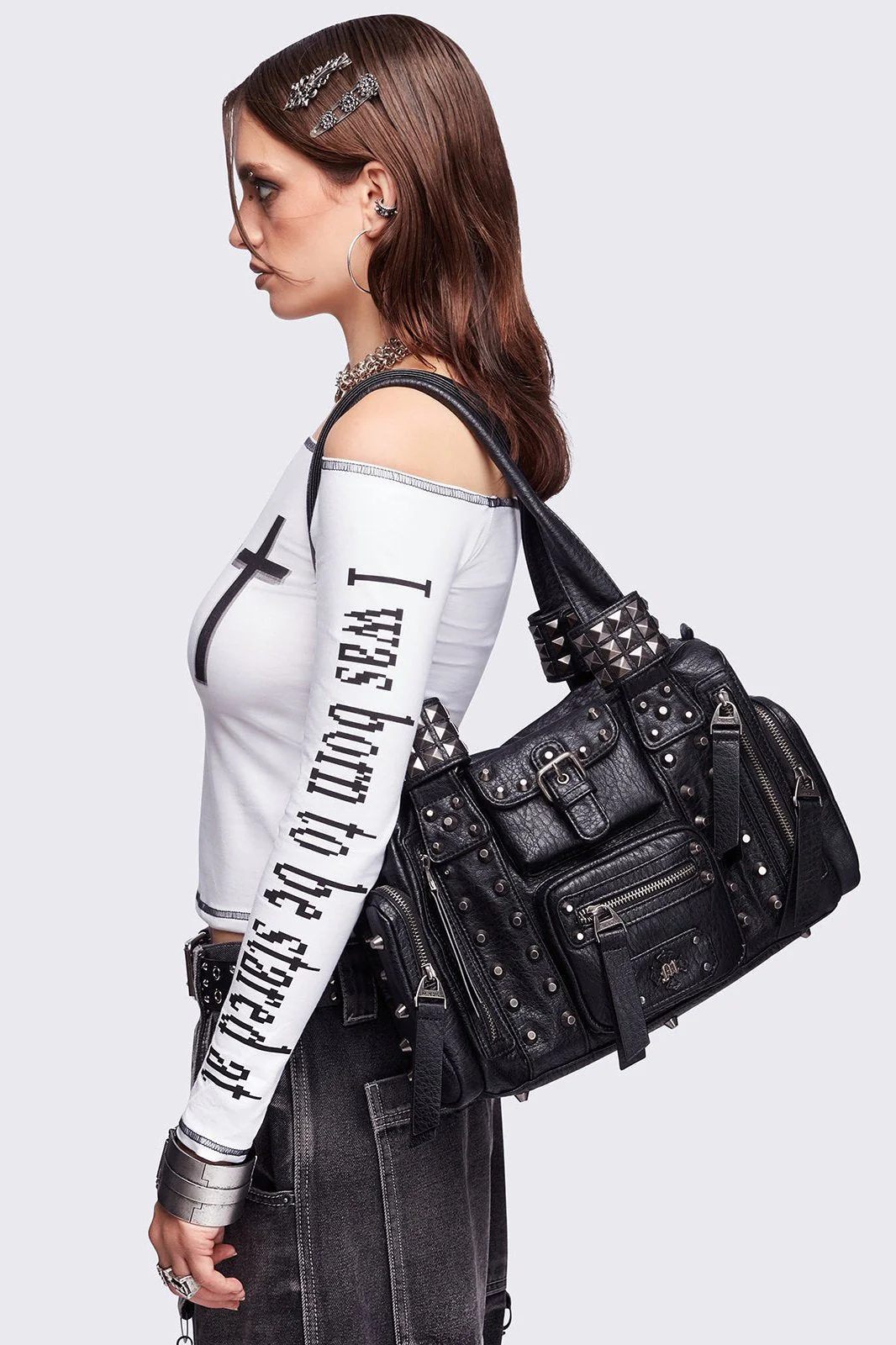 Myrrh Black Studded Faux Leather Shoulder Bag - Image 3