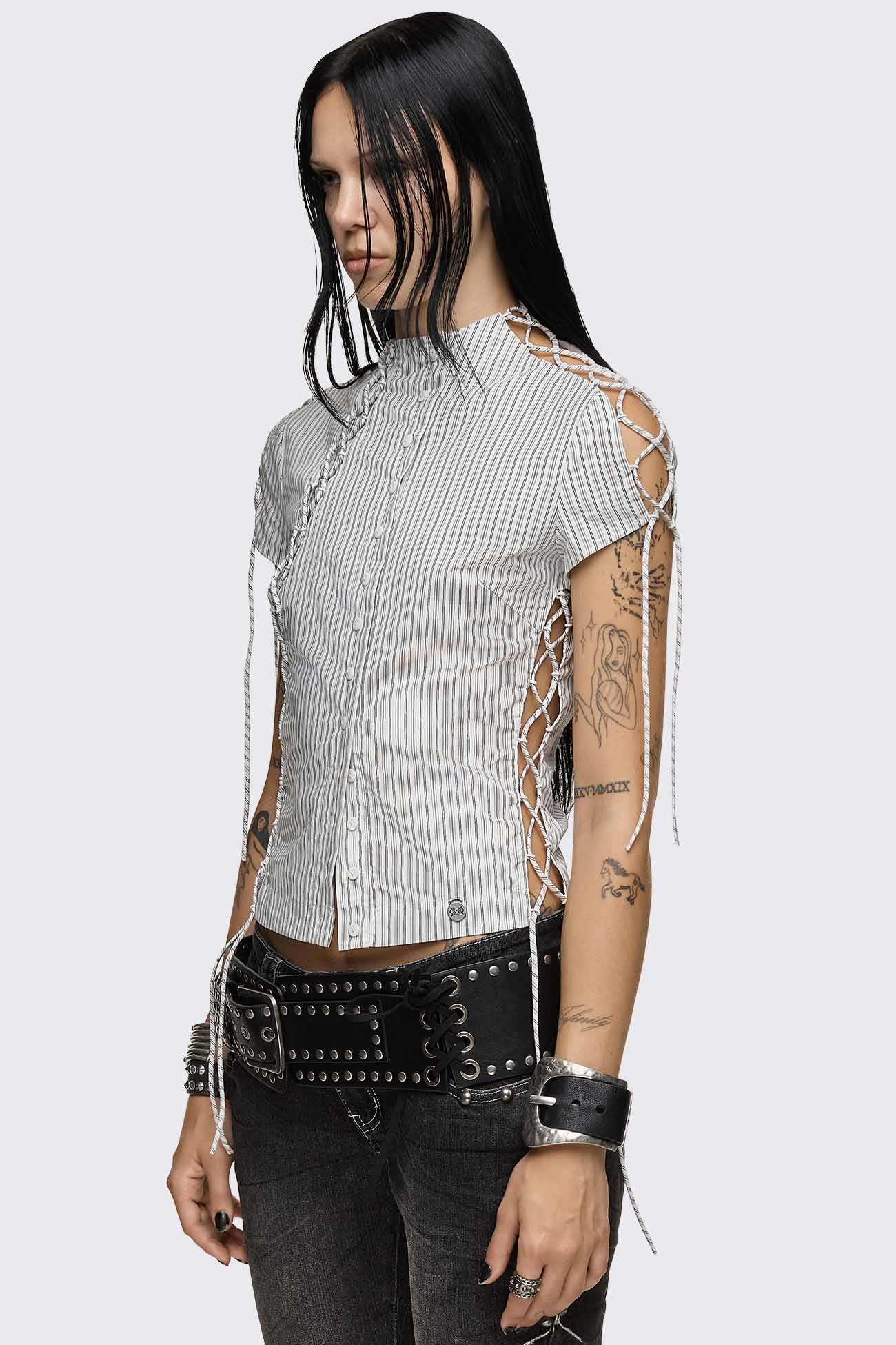 Sweet Ruin Striped Lace-Up Blouse - Image 6